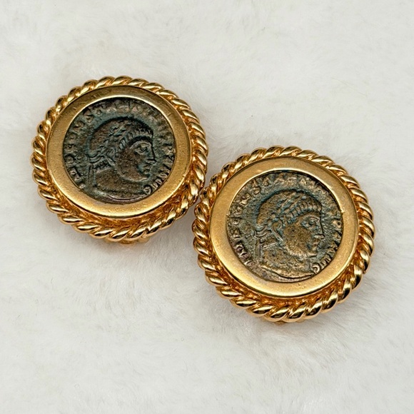 Vintage CINER Roman Revival Coin Clip-On Earrings – Gold Tone, Signed, 1” - Picture 3 of 16